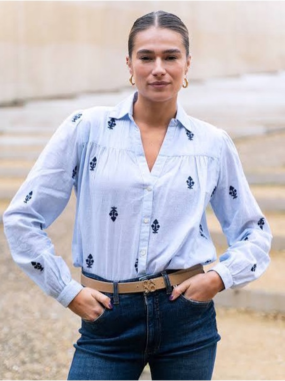 NWT Light Blue Embroidered V-Neck Button Front Women's Top